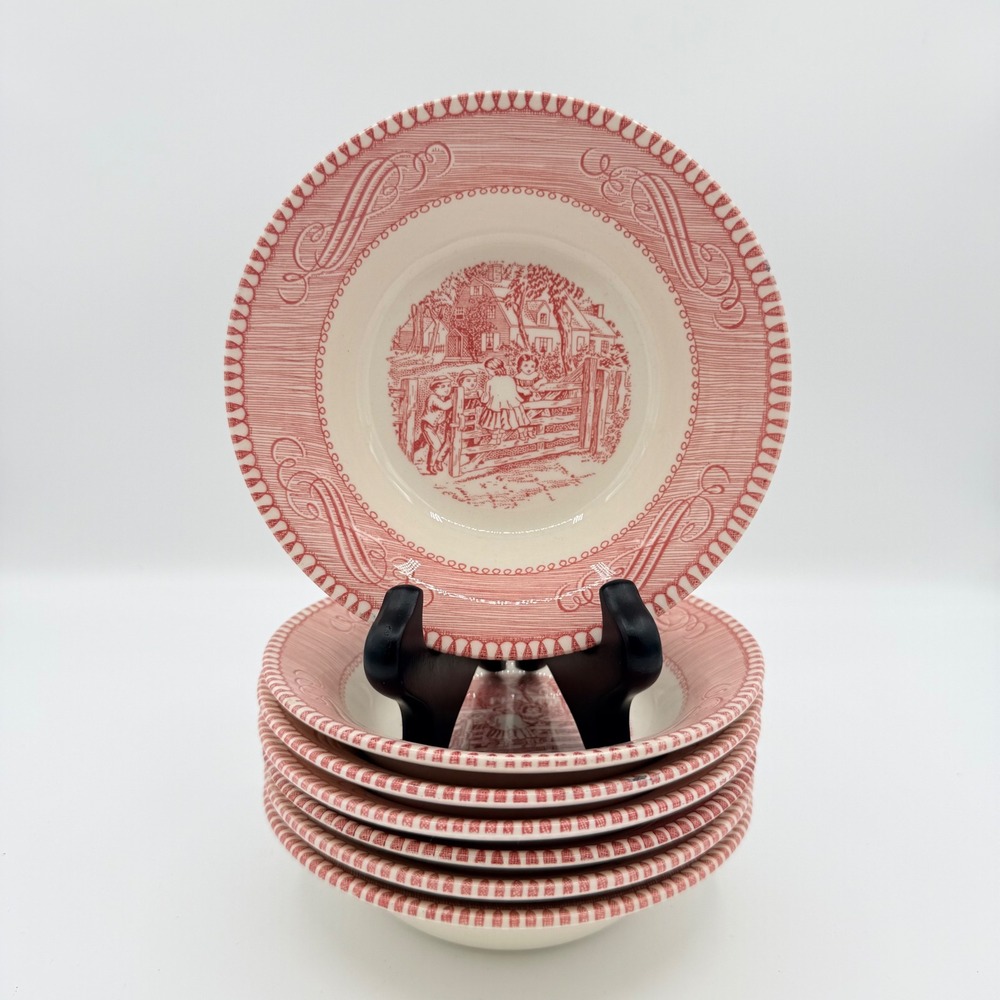 Royal Ironstone Currier & Ives Red Transferware Berry Bowls Set of 7 Vintage